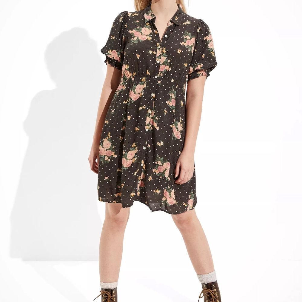 American Eagle AE Floral Polka Dot Puff Sleeve Grey Shirt Dress size XS